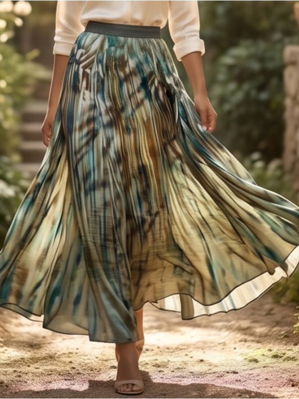 Pleated Teal and Olive Printed Maxi Skirt - Silk & Cotton ,Flowing Skirt.